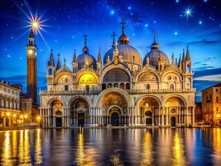 Obraz premium Enchanting Night View of St. Mark's Basilica in Venice Illuminated by Moonlight with a Starry Sky Reflection on the Canal, Capturing the Beauty of Italian Architecture
