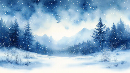 Fototapeta premium Serene winter landscape with gentle snowfall, ideal for holiday cards, winter decorations, or seasonal artwork, evoking nostalgia and tranquility.