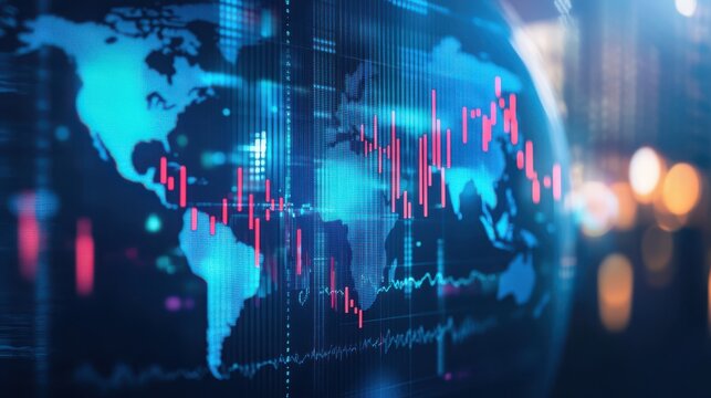 Dynamic Financial Data Visualization Overworld Map with Stock Market Trends and Cryptocurrency Charts in Modern Business Environment