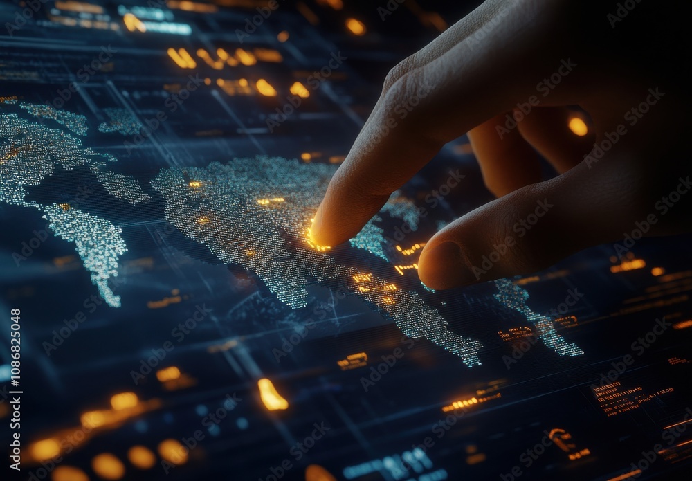 Poster close-up of a human finger pointing at a digital world map display, highlighting data interaction an