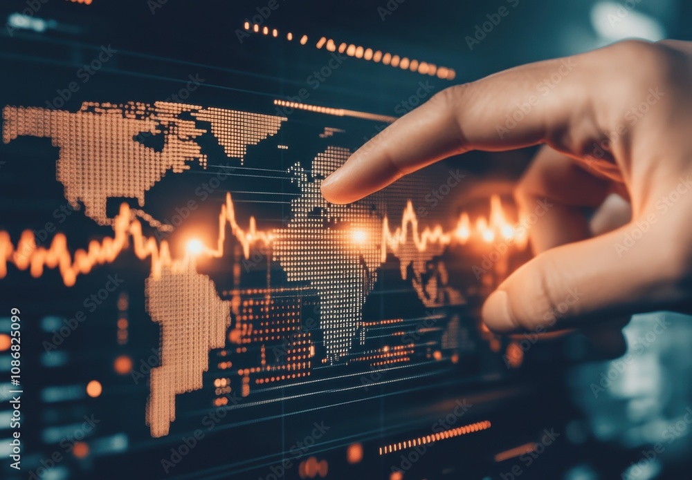 Poster hand pointing at digital world map with data visualization and vibrant pulse graphs representing glo