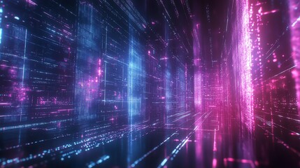 Obraz premium Holographic data streams glowing across a techdriven skyline under a neonlit atmosphere, copy space, interconnected systems, futuristic, composite, smart urban backdrop