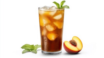 Refreshing iced peach tea drink with fresh mint leaves for summer beverage