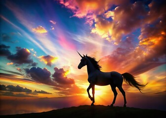 Naklejka premium Enchanting Silhouette of a Rainbow Unicorn Against a Vibrant Sunset Sky Capturing the Magic of Fantasy and Imagination in a Dreamlike Landscape