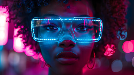 Woman with curly hair wearing glowing futuristic glasses at night