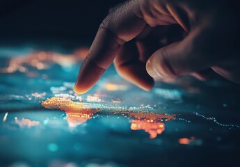 Close-Up of a Human Finger Touching a Digital Map with Vibrant Light Effects, Symbolizing Connectivity and Navigation in a Global Digital Landscape