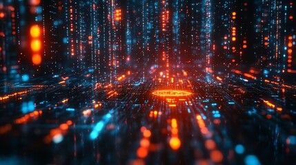 Dynamic holographic bitcoin surrounded by cascading blockchain trails in a glowing matrix, close up, decentralized systems, vibrant, overlay, fintechinspired network backdrop