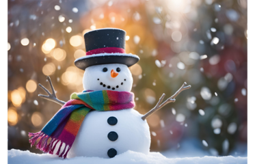 A cheerful collection of snowman images in various snowy settings, featuring vibrant scarves, top hats, and scenic winter backdrops with snow-covered trees and soft lighting.
