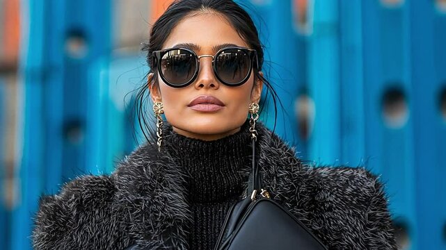 A fashionable woman wearing sunglasses and a stylish outfit poses against a vibrant backdrop.
