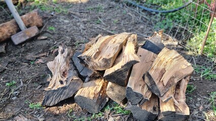 A pile of freshly chopped firewood lying on soil, with a sledgehammer nearby