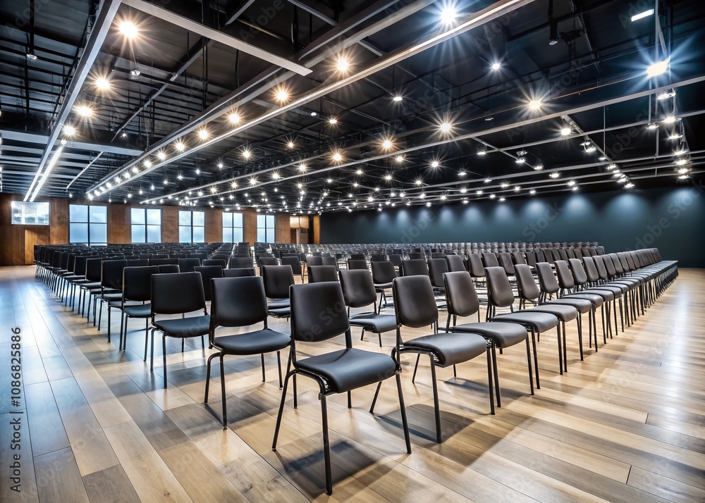 Poster endless rows of black chairs in a spacious hall with copy space for text or graphics, perfect for ev