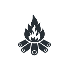 Campfire lit with wood logs flat icon. Camping trip. Vector illustration