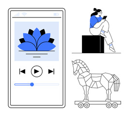 Phone screen with music player app featuring play button and lotus icon, person sitting on a box using a tablet, geometric Trojan horse. Ideal for tech, music, relaxation, education, cybersecurity