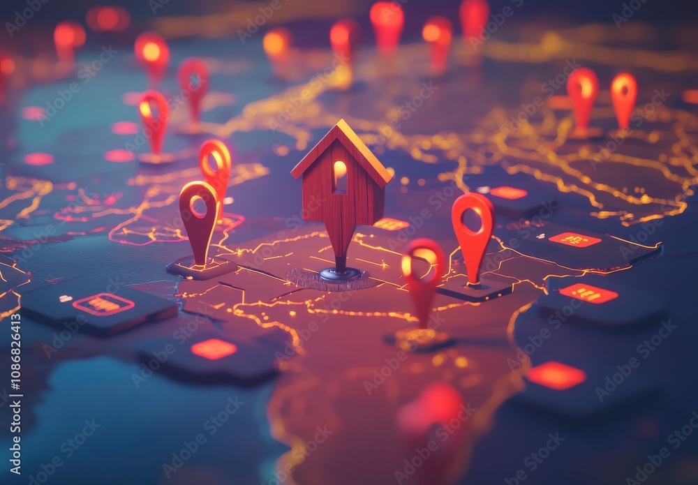 Poster Artistic Representation of a Digital Map with Location Pins and a House Icon Representing Home and Travel in a Modern World
