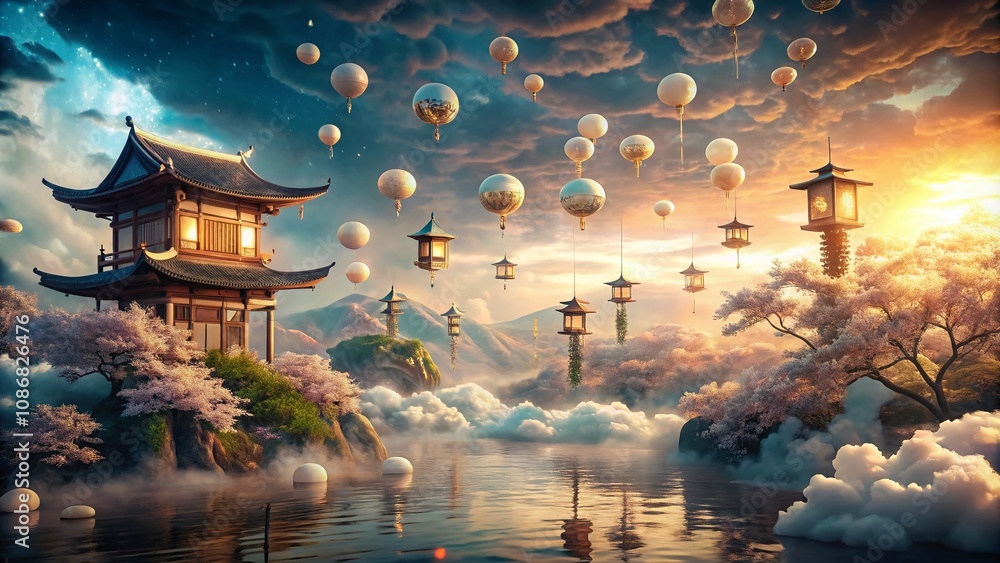 Poster enigmatic japanese letters in a dreamlike landscape with floating elements and soft lighting creatin