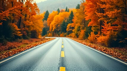 Fototapeta premium A Winding Road Through Vibrant Autumn Foliage, Leading Towards a Serene Horizon