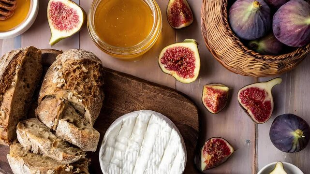 Fresh figs, honey, camembert cheese and sliced bread creating a delicious breakfast spread