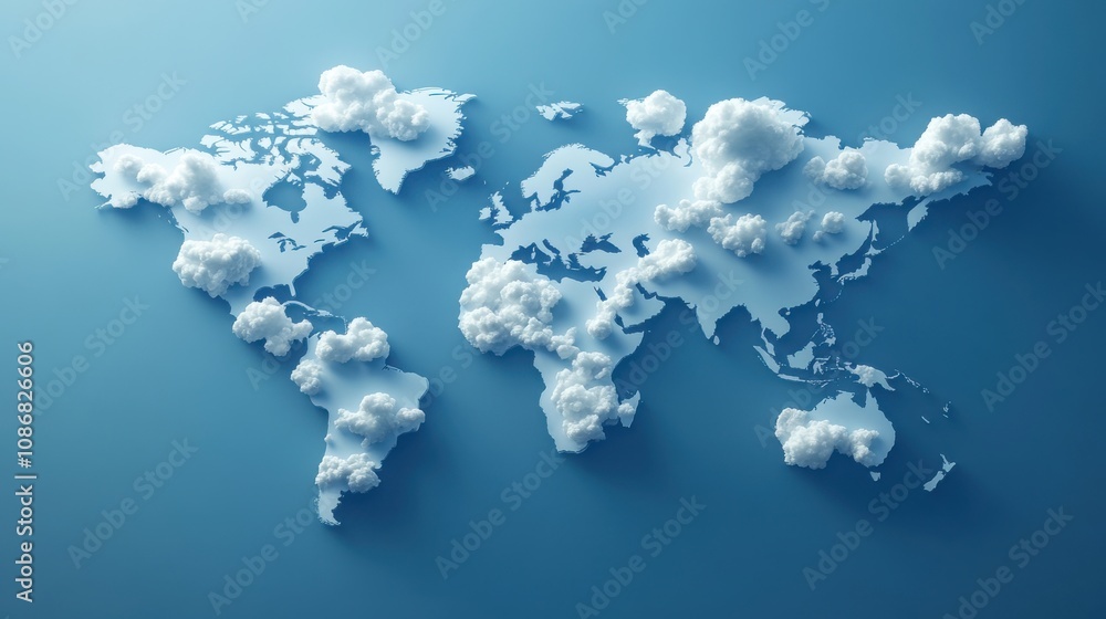 Poster 3d cloud-rendered world map illustrating a dreamy sky effect with soft fluffy clouds on a blue backg