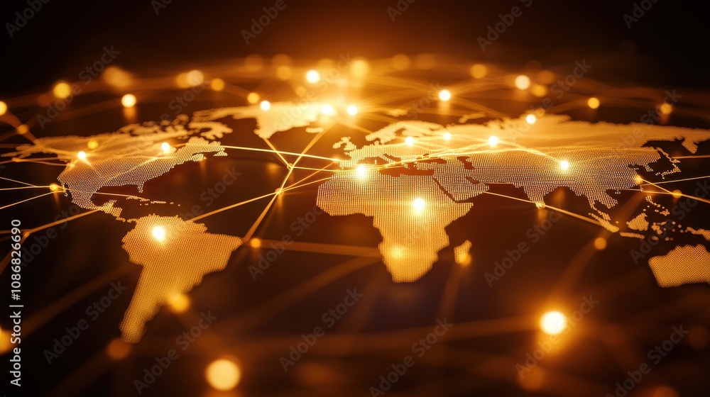 Poster abstract digital world map with glowing connections, showcasing a network of lights symbolizing glob