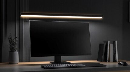 Monitor Light Bar mounted on top of a gaming monitor, minimalist desk, mechanical keyboard, wireless mouse.