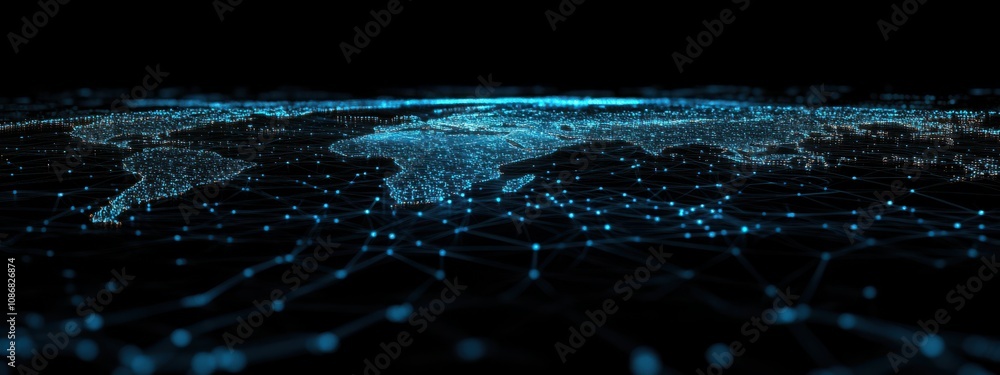Poster Futuristic Digital World Map Visualization with Neon Blue Connections and Points of Light Representing Data Flow and Global Networks Across Continents