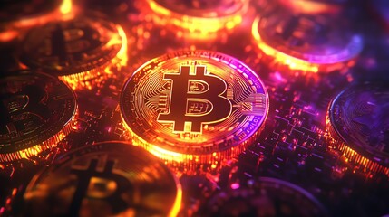 Bitcoin symbols glowing within dynamic holographic grids of blockchain data points radiating neon colors