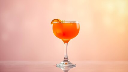 A refreshing orange cocktail garnished with a citrus wedge and a sprig of mint in a stemmed glass on a peach-colored background.
