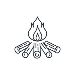 Campfire lit with wood logs line icon. Camping trip. Vector illustration