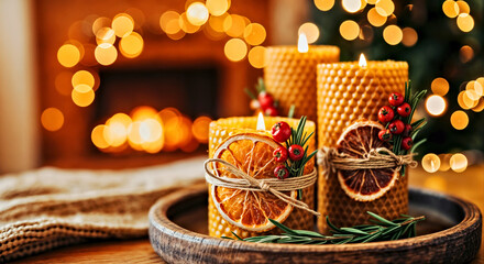 Obraz premium Cozy Winter Ambiance: Beeswax Candles with Dried Oranges and Berries by the Fireplace. Christmas home festive decor
