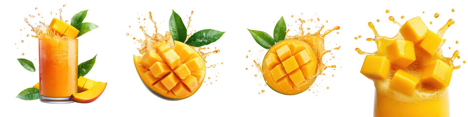 Deliciously Refreshing Mango Juice Splash in Glass with Green Leaves