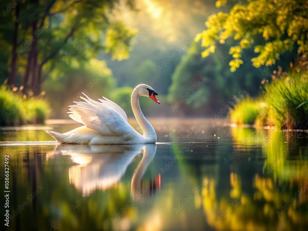 Poster ethereal elegance: a captivating image of a majestic swan gliding gracefully on a serene lake with s