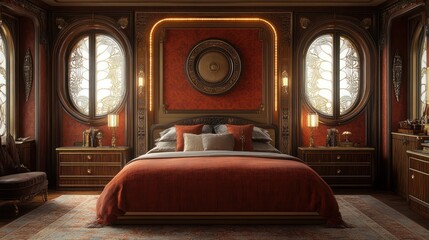 Highly detailed 3D bedroom with an art deco theme, featuring geometric patterns, rich fabrics, and golden accents, in 4K.