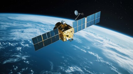 Satellite Orbiting Earth: A high-resolution image of a communications satellite orbiting Earth, capturing its intricate design and the vastness of space.