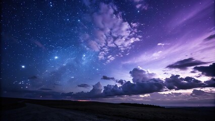 Fototapeta premium Ominous purple-blue gradient backdrop with wispy clouds and scattered starlight, spacebattle, speculativefiction, electricblue