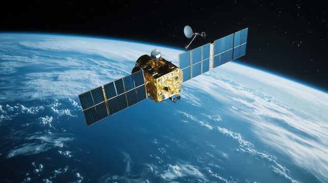 Satellite Orbiting Earth: A high-resolution image of a communications satellite orbiting Earth, capturing its intricate design and the vastness of space.