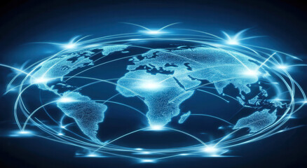 Global communication network concept with glowing connections radiating from Earth, symbolizing international connectivity, data exchange, and worldwide interaction.