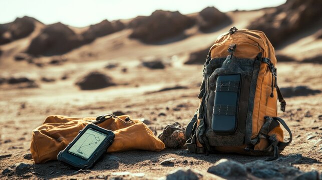 Rugged survival gear lies on the desert ground alongside a satellite tracking device, showcasing adventure in a harsh landscape. - Powered by Adobe