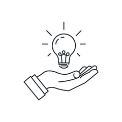 Hand and a lamp line icon. Solution, new idea, propose. Vector illustration