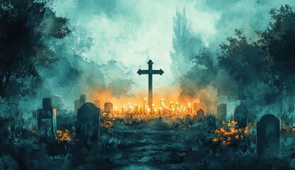 Naklejka premium Serene Watercolor Illustration of Cemetery Cross and Candles