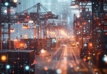 Obraz premium Futuristic Port Scene with Shipping Cranes and Digital Overlay Depicting Technology Integration in Supply Chain Management and Logistics Operations
