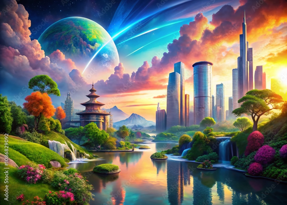 Aufkleber exploring the endless possibilities of digital worlds: a futuristic landscape with virtual elements 