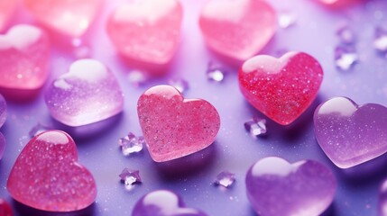 Obraz premium Pink and purple glitter hearts with star decorations on violet background