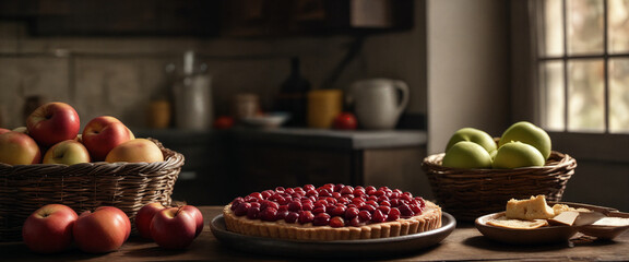 A beautiful rustic kitchen setting with a cherry tart and fresh apples on a wooden table in the afternoon light