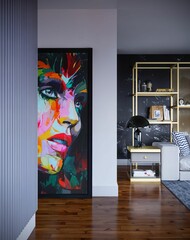 Interior of a modern living room with a poster on the wall