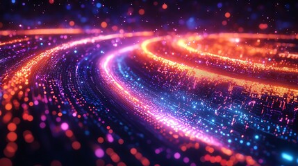 Obraz premium Bitcoin symbols radiating neon colors in a glowing blockchain system surrounded by cascading trails