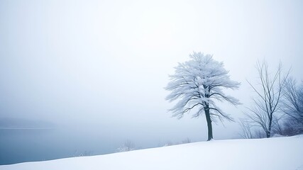 A solitary snow-covered tree stands tall against a backdrop of mist and a tranquil frozen lake.