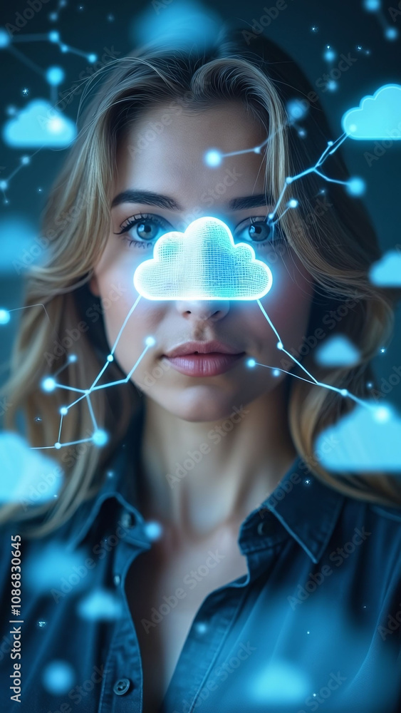 Poster portrait with cloud icons and network lines symbolizing cloud technology