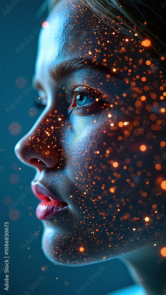 Poster face layered with digital symbols showing transformation in the digital age