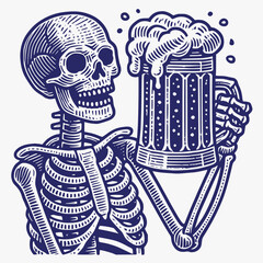 Cheerful Skeleton Holding a Beer Mug Vector Illustration in Vintage Engraving Style with Festive and Humorous Theme