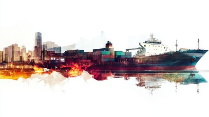 Obraz premium Vibrant Composite Image of Container Ship Sailing Along Skyline with Colorful Reflections in Water, Representing Commerce, Trade, and Urban Life